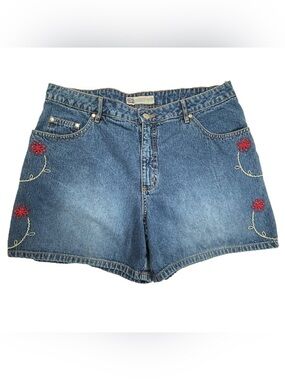 Retro Floral Embroidered Med-Wash Cotton Denim Shorts Faded Glory